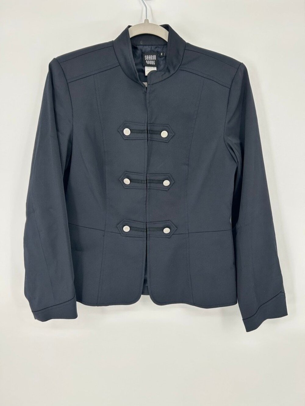 SharonYoung Black Military Band Jacket Size 2 Mandarin Collar Dark Academia Goth
